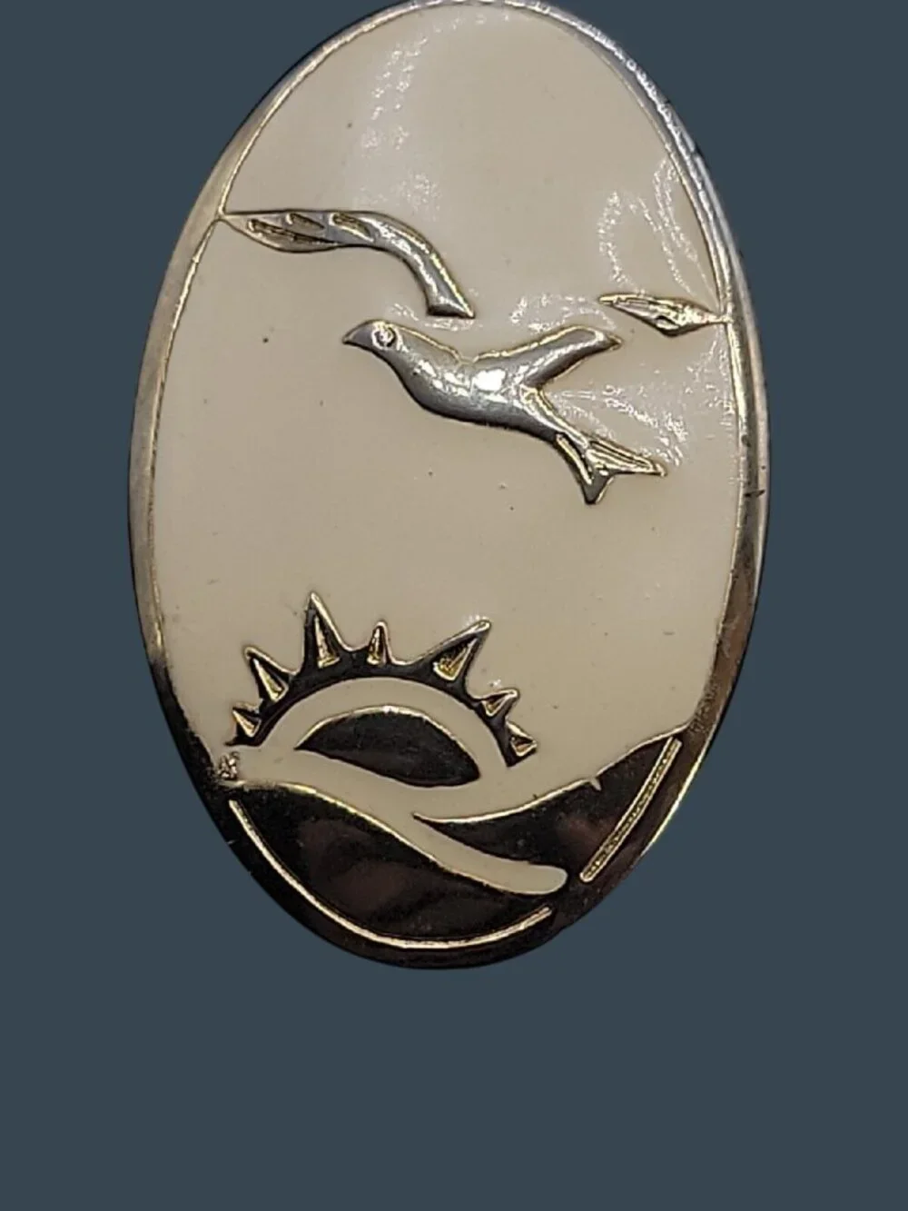 Bird In Flight Over Sunset Brooch Pin Cream Enamel Gold Tone Coastal Aviation